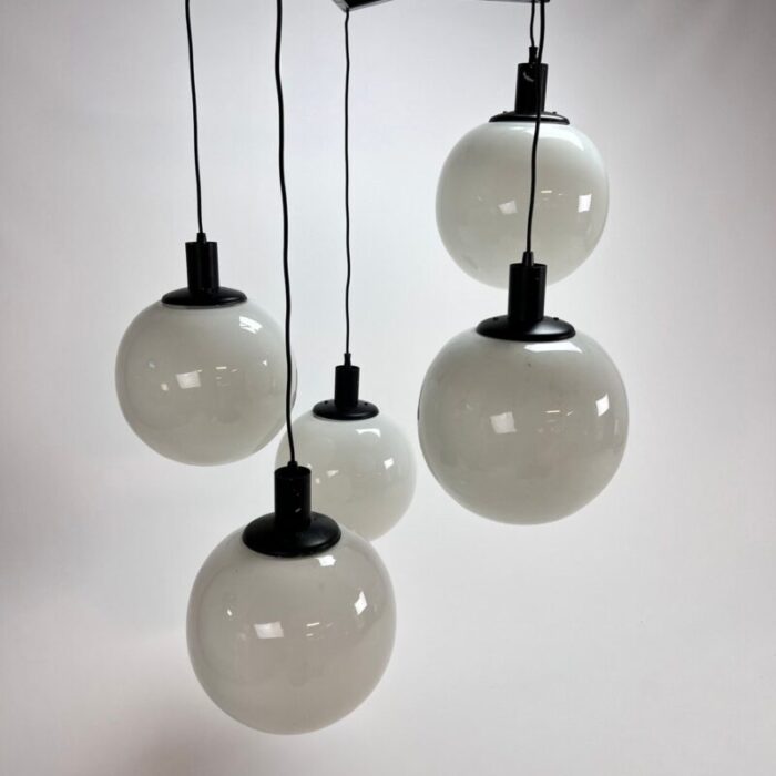 large mid century hanging lamp with 5 white bols 1970s 2