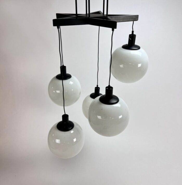 large mid century hanging lamp with 5 white bols 1970s 3