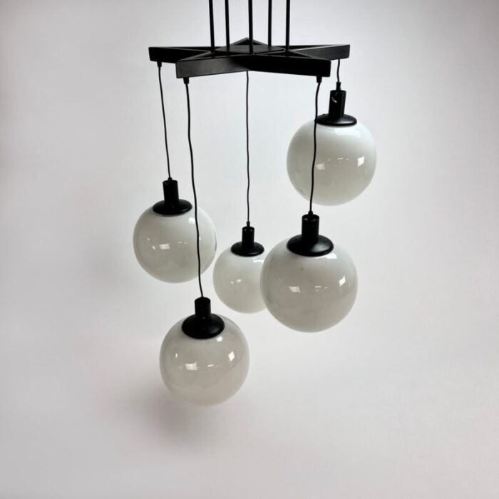 large mid century hanging lamp with 5 white bols 1970s 4