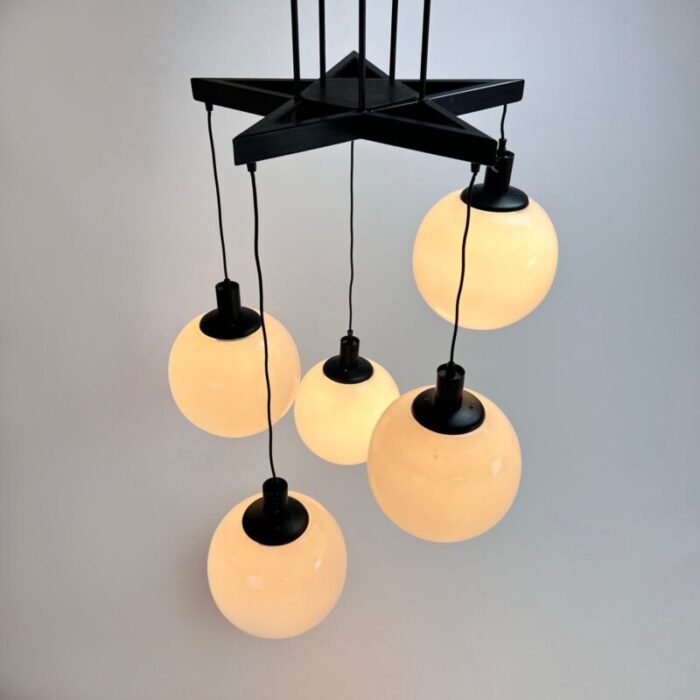 large mid century hanging lamp with 5 white bols 1970s 5