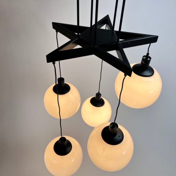 large mid century hanging lamp with 5 white bols 1970s 7