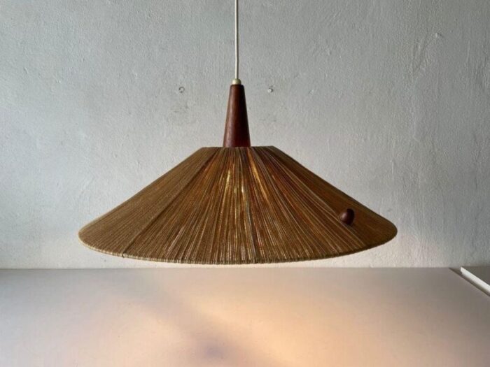 large raffia bast and teak pendant lamp from temde germany 1960s 2