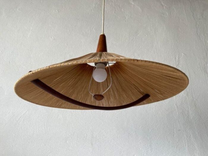 large raffia bast and teak pendant lamp from temde germany 1960s 3