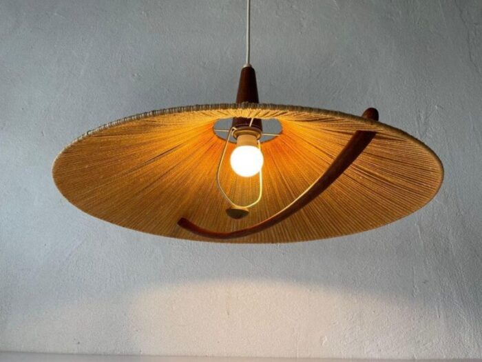 large raffia bast and teak pendant lamp from temde germany 1960s 5