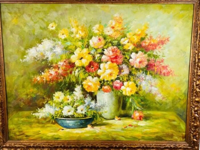 large still life flowers oil on canvas painting signed and framed 1931