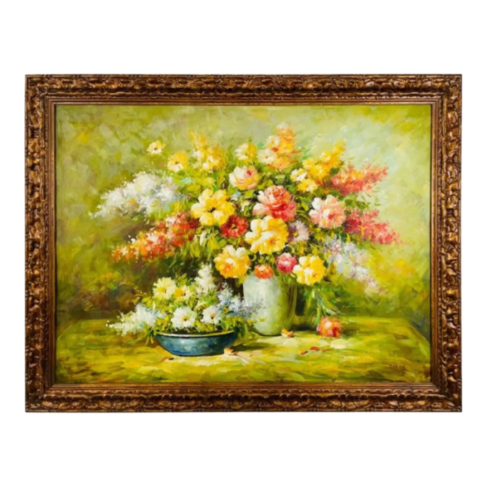 large still life flowers oil on canvas painting signed and framed 5552