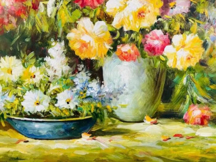 large still life flowers oil on canvas painting signed and framed 8451