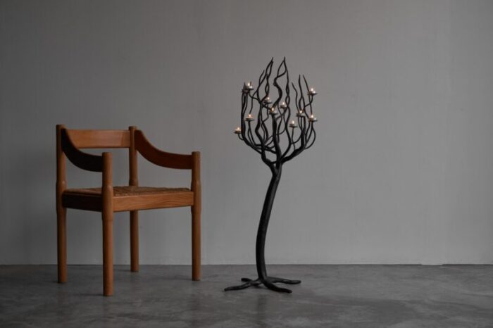 large tree shaped candleholder in hand forged steel 1970s 2803