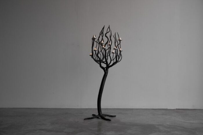 large tree shaped candleholder in hand forged steel 1970s 5246