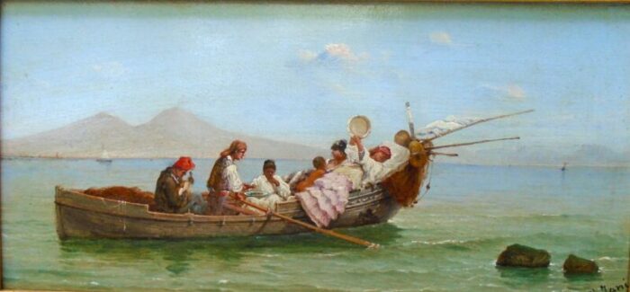 late 19th century a leisurely day in the gulf of naples original oil painting on wooden panel framed 3718