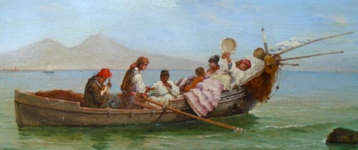 late 19th century a leisurely day in the gulf of naples original oil painting on wooden panel framed 6150