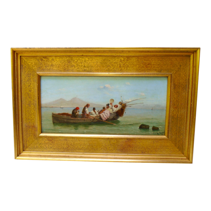 late 19th century a leisurely day in the gulf of naples original oil painting on wooden panel framed 7154