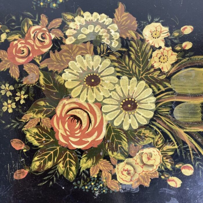 late 19th century antique papier mache tray with a floral bouquet and gold accents 0098