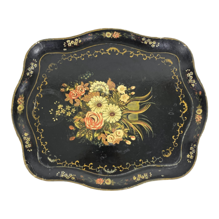 late 19th century antique papier mache tray with a floral bouquet and gold accents 0916