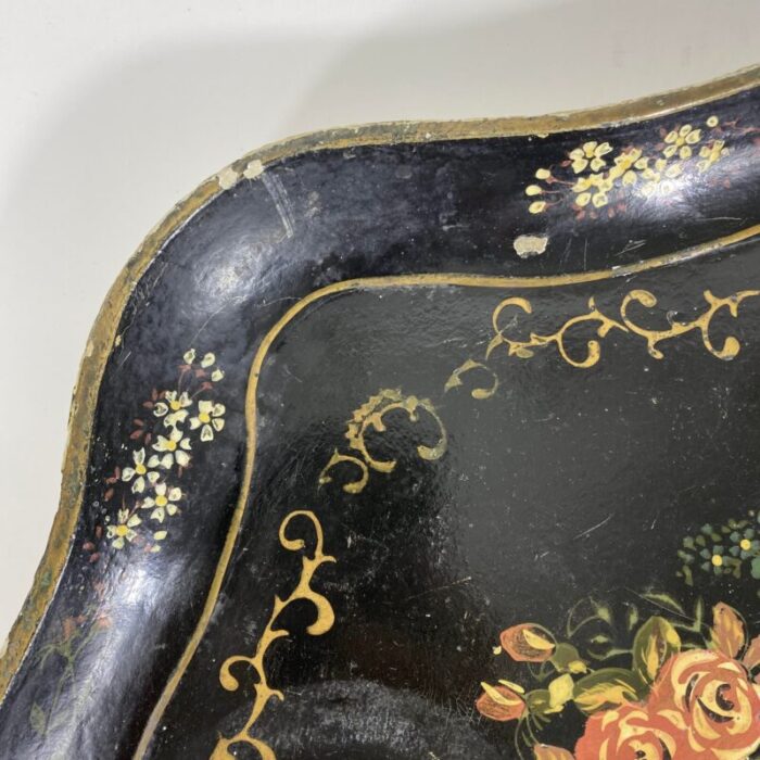 late 19th century antique papier mache tray with a floral bouquet and gold accents 0941