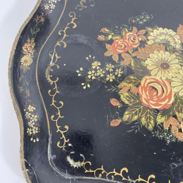 late 19th century antique papier mache tray with a floral bouquet and gold accents 1761