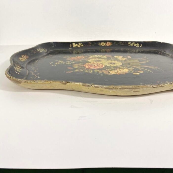 late 19th century antique papier mache tray with a floral bouquet and gold accents 2566