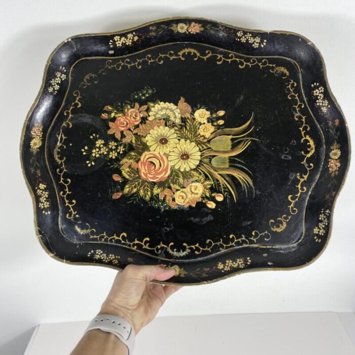 late 19th century antique papier mache tray with a floral bouquet and gold accents 3600