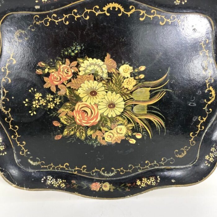 late 19th century antique papier mache tray with a floral bouquet and gold accents 4897