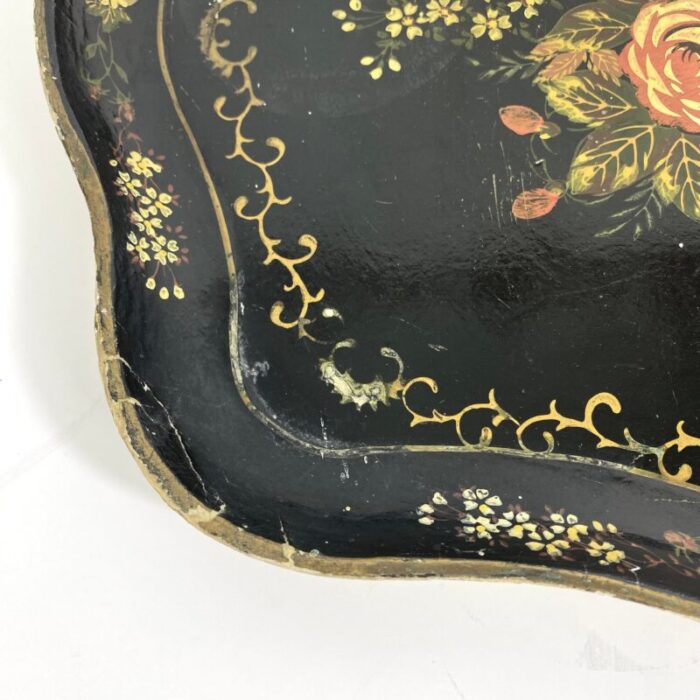 late 19th century antique papier mache tray with a floral bouquet and gold accents 7488