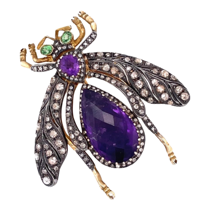 late 19th century en tremblant 14k gold victorian bee brooch with diamonds amethysts and rubies 5246