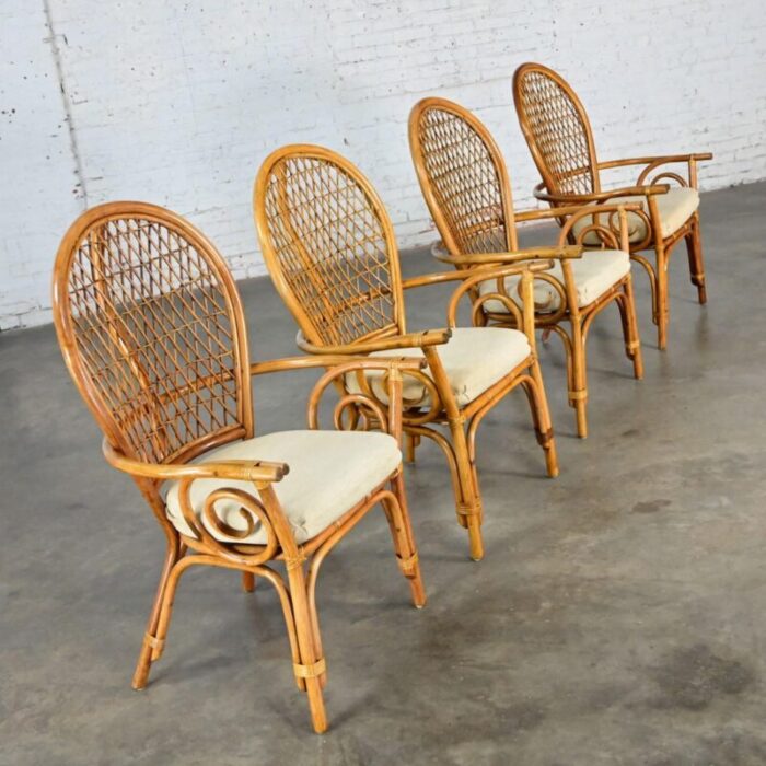 late 20th century coastal island style or hollywood regency balloon back rattan dining chairs off white seats set of 4 0685