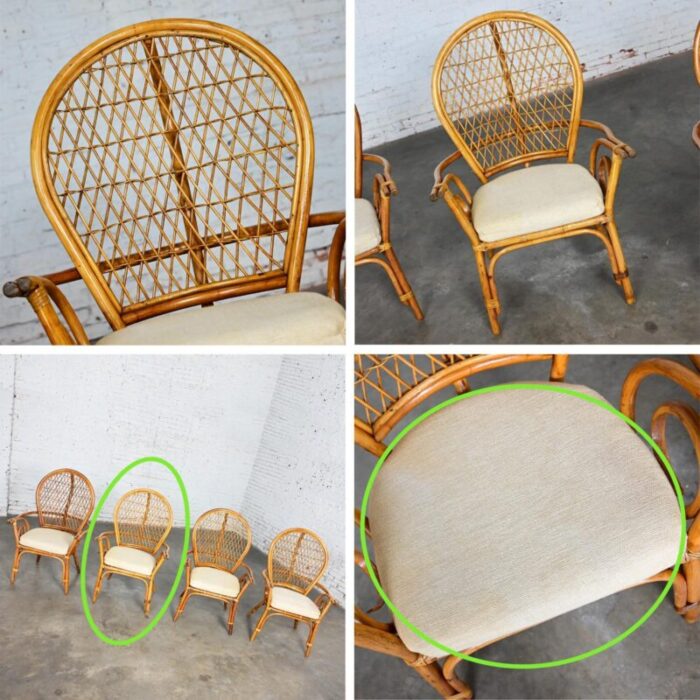 late 20th century coastal island style or hollywood regency balloon back rattan dining chairs off white seats set of 4 1828