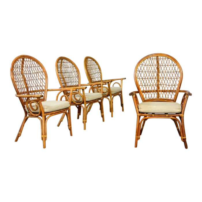 late 20th century coastal island style or hollywood regency balloon back rattan dining chairs off white seats set of 4 3041