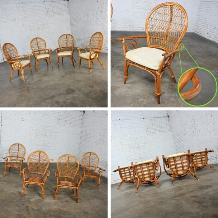 late 20th century coastal island style or hollywood regency balloon back rattan dining chairs off white seats set of 4 4078