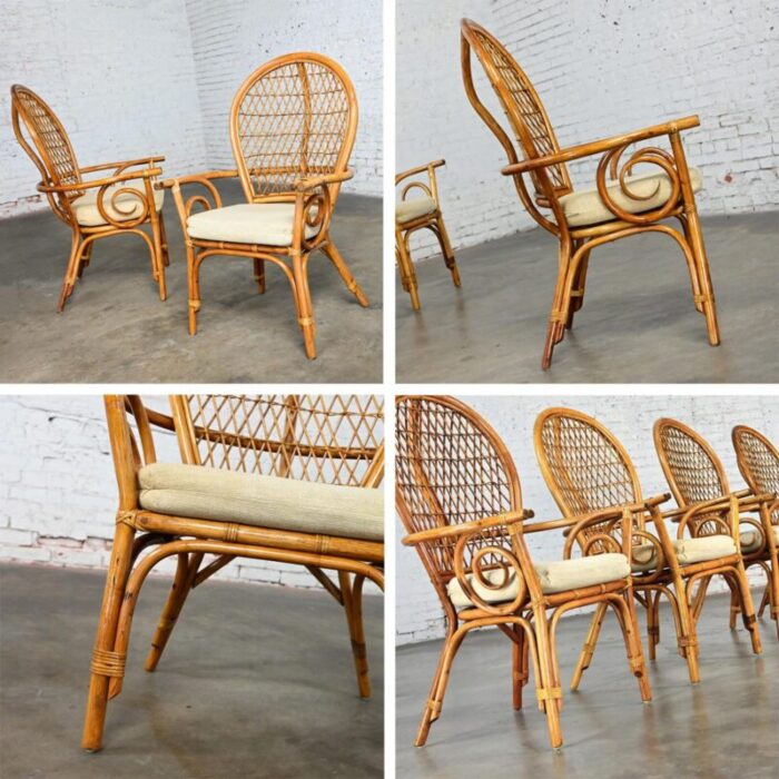 late 20th century coastal island style or hollywood regency balloon back rattan dining chairs off white seats set of 4 4168