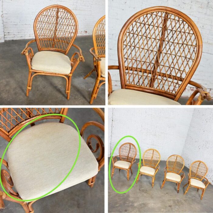 late 20th century coastal island style or hollywood regency balloon back rattan dining chairs off white seats set of 4 4981