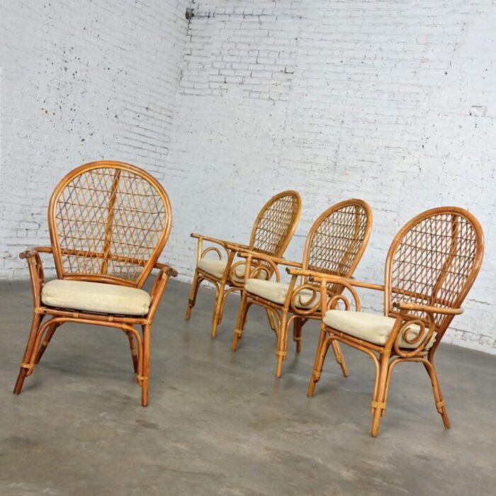 late 20th century coastal island style or hollywood regency balloon back rattan dining chairs off white seats set of 4 5214