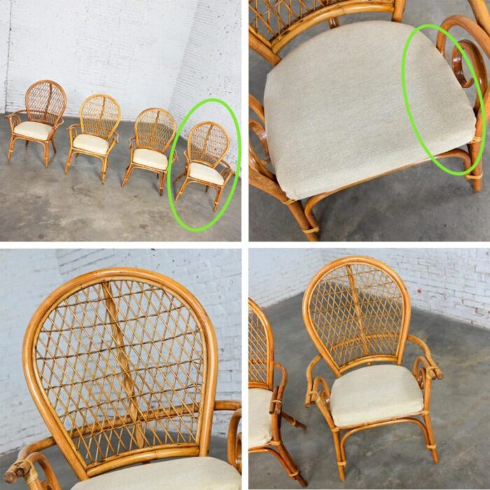 late 20th century coastal island style or hollywood regency balloon back rattan dining chairs off white seats set of 4 5474