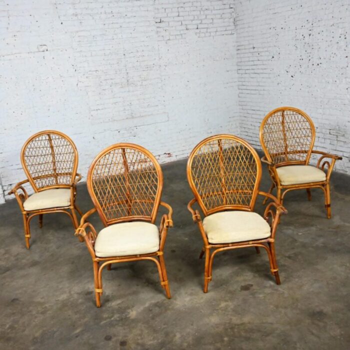 late 20th century coastal island style or hollywood regency balloon back rattan dining chairs off white seats set of 4 6262