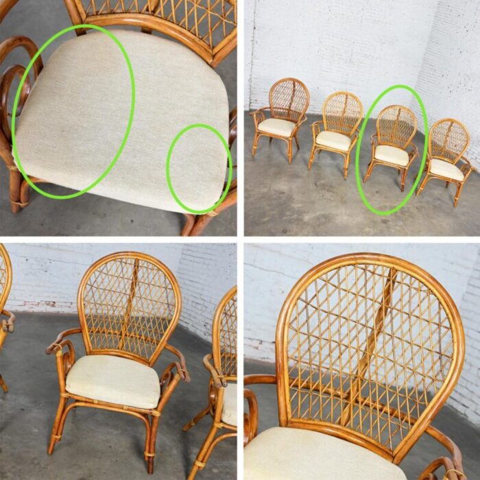 late 20th century coastal island style or hollywood regency balloon back rattan dining chairs off white seats set of 4 6930