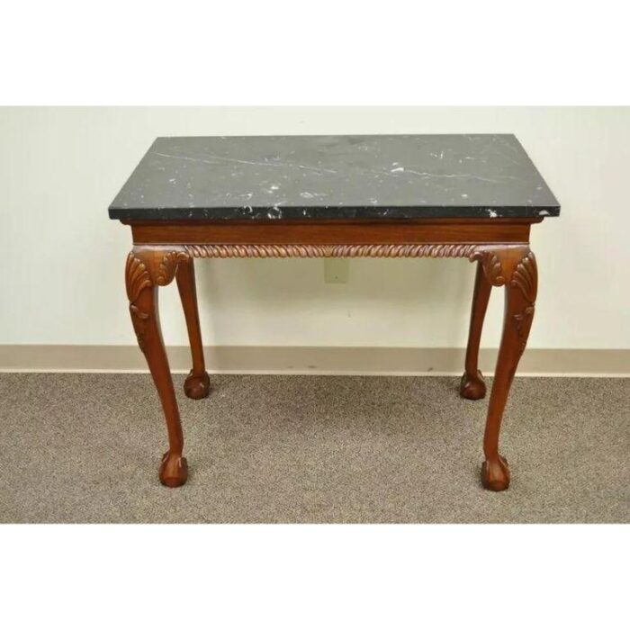 late 20th century vintage carved mahogany chippendale style ball and claw marble top console table 1940