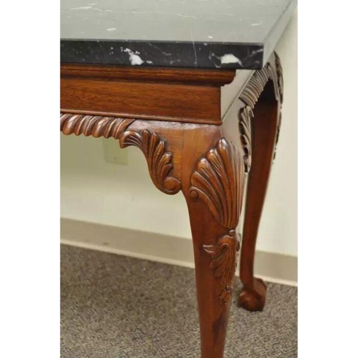 late 20th century vintage carved mahogany chippendale style ball and claw marble top console table 4330