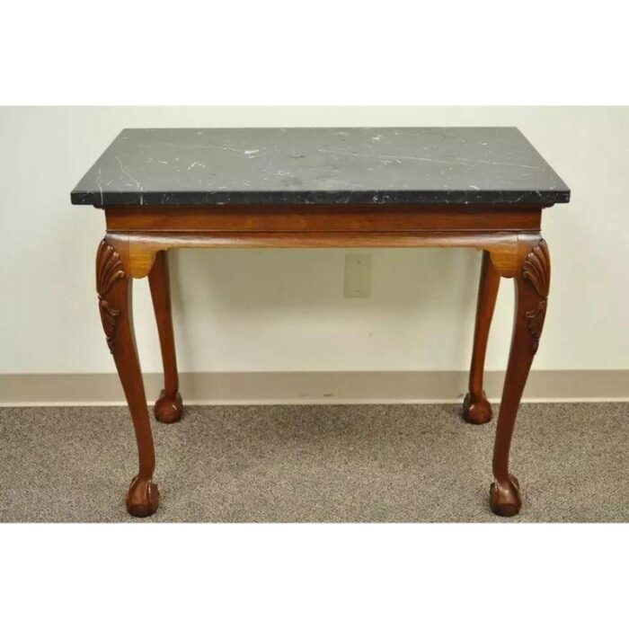 late 20th century vintage carved mahogany chippendale style ball and claw marble top console table 4641