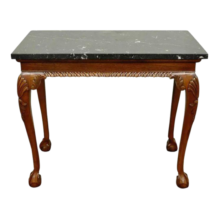 late 20th century vintage carved mahogany chippendale style ball and claw marble top console table 4907