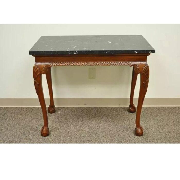 late 20th century vintage carved mahogany chippendale style ball and claw marble top console table 5026