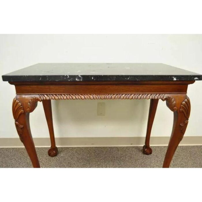 late 20th century vintage carved mahogany chippendale style ball and claw marble top console table 6798