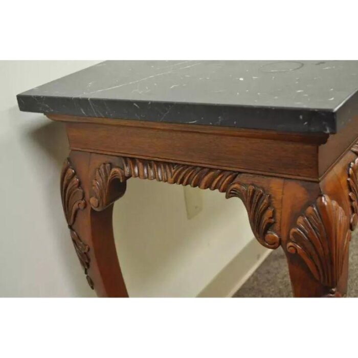 late 20th century vintage carved mahogany chippendale style ball and claw marble top console table 7614