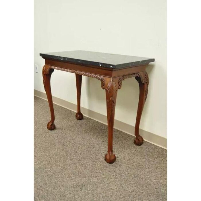 late 20th century vintage carved mahogany chippendale style ball and claw marble top console table 8031