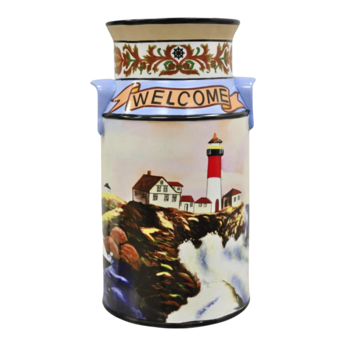 late 20th century vintage nautical painted lighthouse and flag ceramic umbrella cane holder 1325