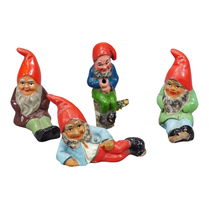 lot of four tiny terracotta garden gnomes germany ca 1950s 2466