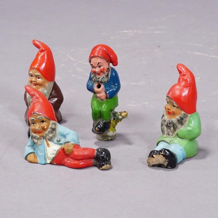 lot of four tiny terracotta garden gnomes germany ca 1950s 7330