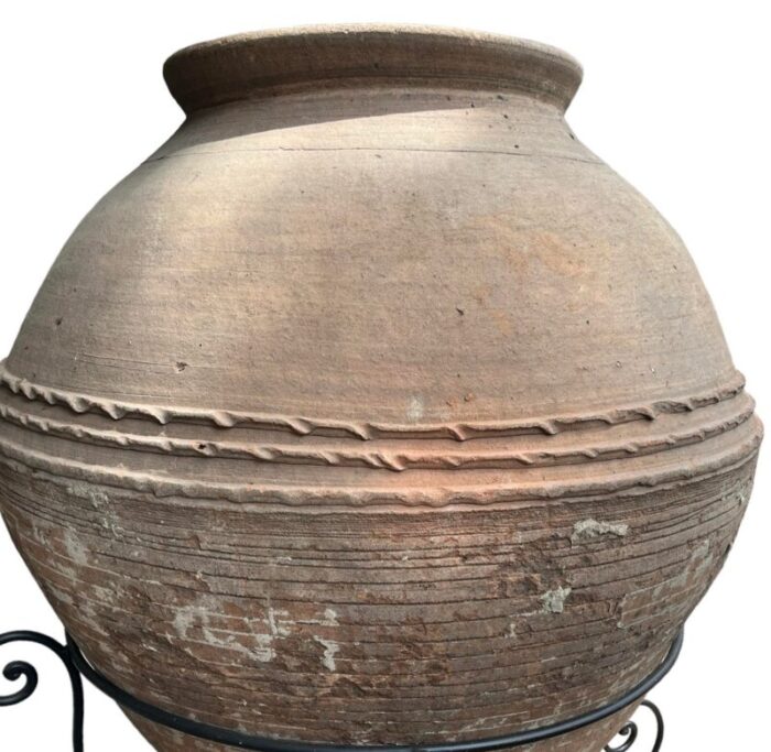 massive antique mediterranean terracotta wine amphora vase on metal rolling base 0526