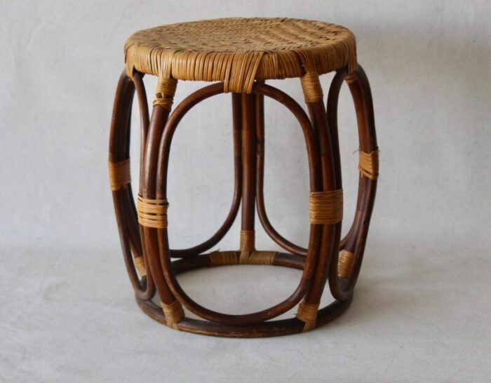 mcguire style rattan taboret drum stool of bentwood cane wicker mid century vintage 0335