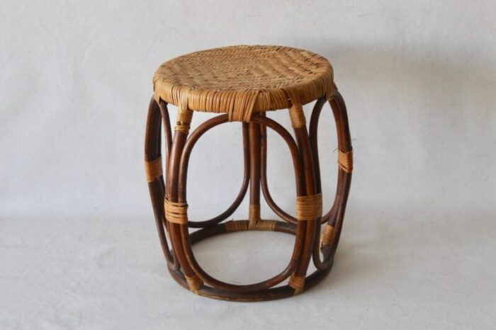 mcguire style rattan taboret drum stool of bentwood cane wicker mid century vintage 0519