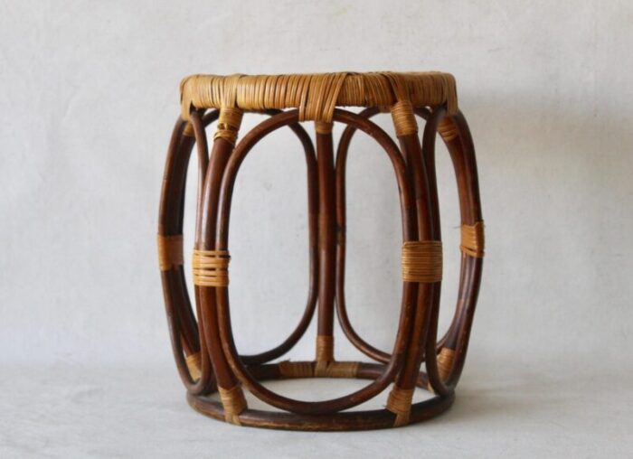 mcguire style rattan taboret drum stool of bentwood cane wicker mid century vintage 1714